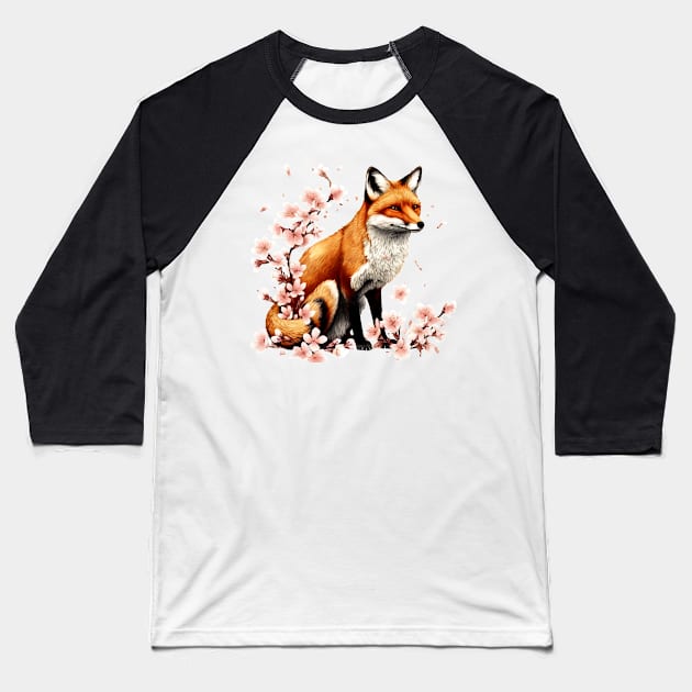 Japanese Fox Cherry blossom Baseball T-Shirt by Ross Holbrook